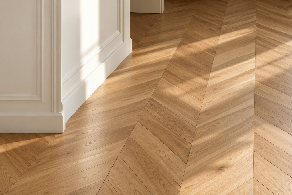 Détail du parquet le long d'une plinthe moulurée, cadrage vertical serré