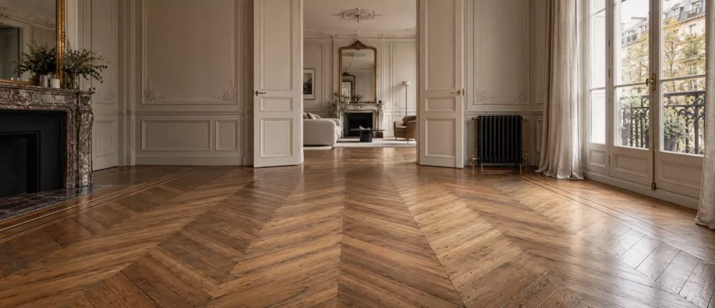 Enfilade d'un appartement haussmannien au parquet en point de Hongrie, cheminée de marbre et doubles portes