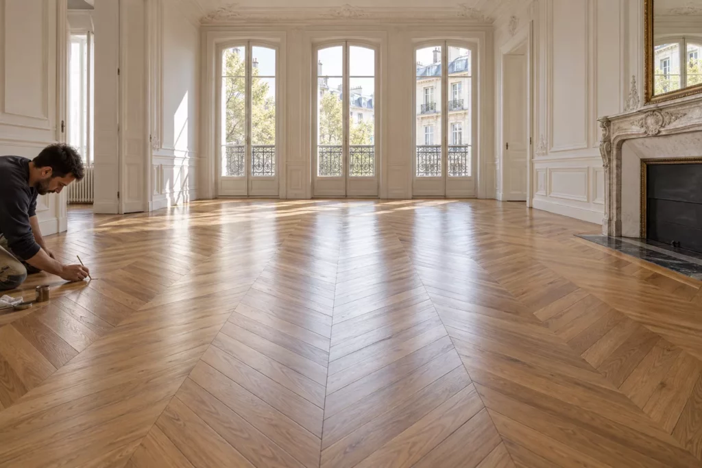 Artisan agenouillé sur un parquet en chevrons dans une grande pièce haussmannienne baignée de lumière