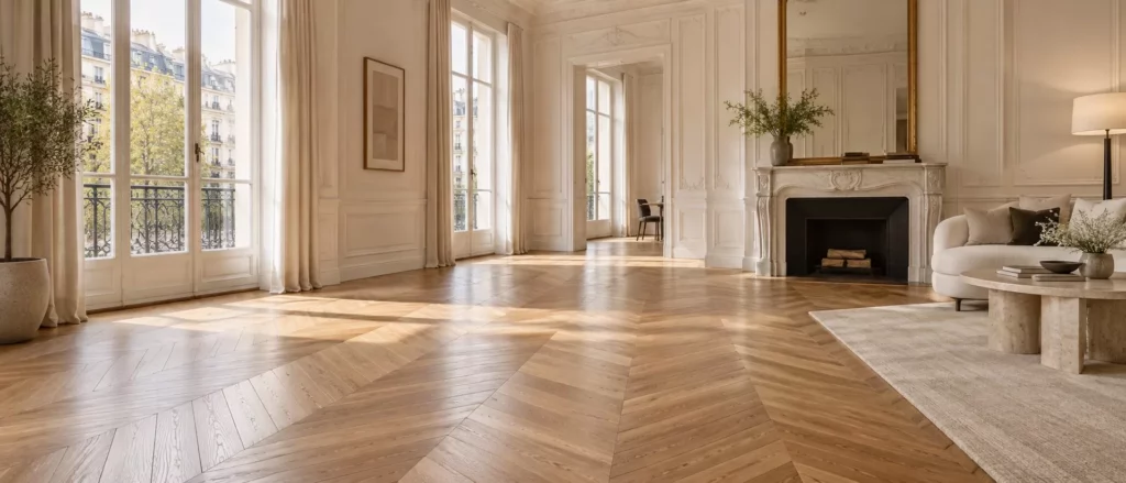 Salon haussmannien meublé au parquet en chevrons, cheminée à miroir et fenêtres en lumière du jour