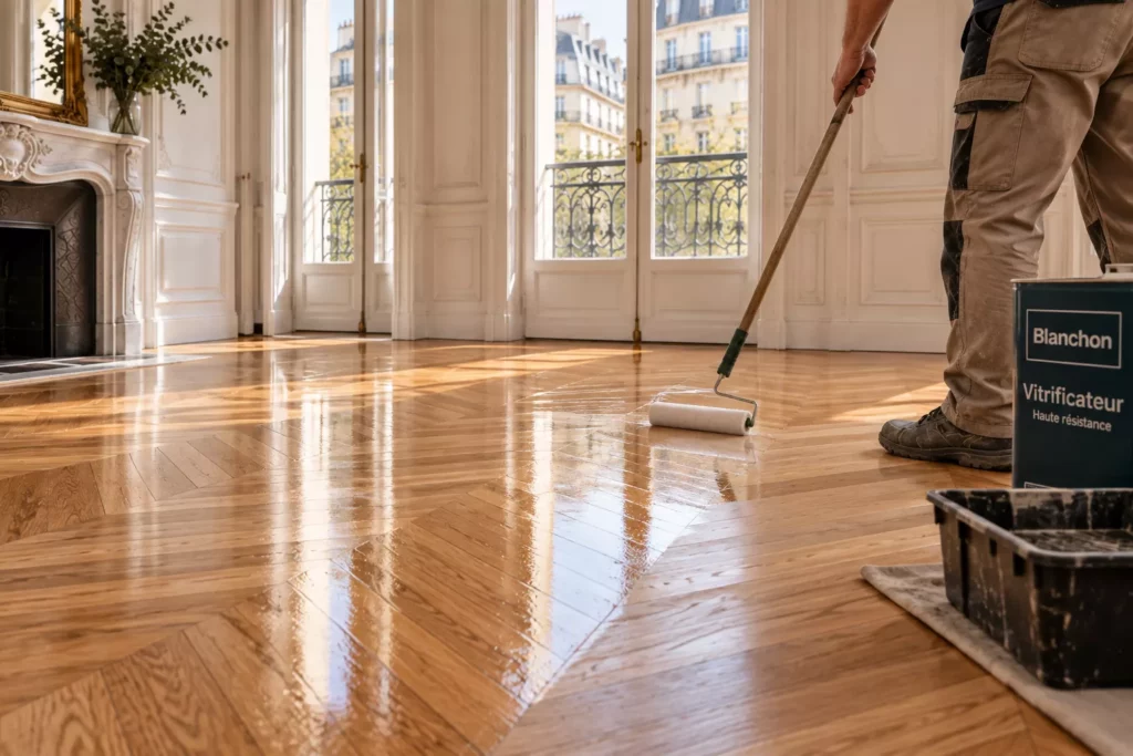 Application d'un vitrificateur au rouleau sur un parquet en chevrons, dans un salon haussmannien