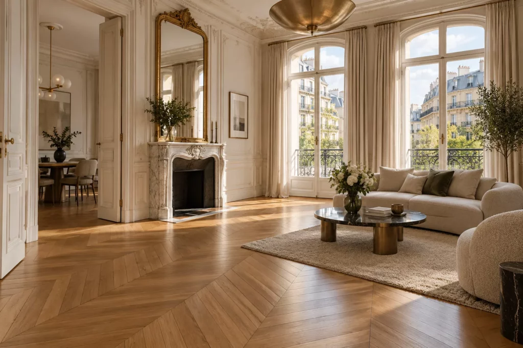 Salon haussmannien au parquet ancien en chevrons, cheminée en marbre et hautes fenêtres