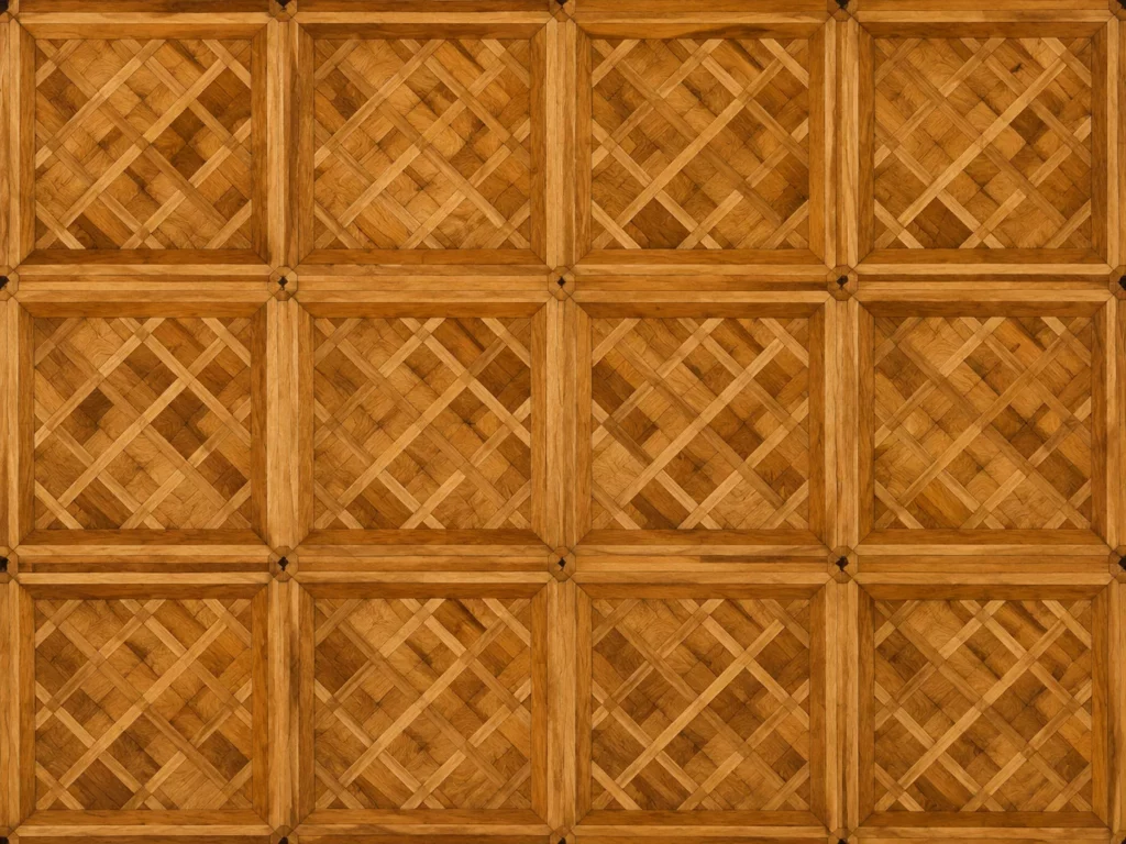 Motif de parquet de Versailles, panneaux carrés à cadre et lames diagonales