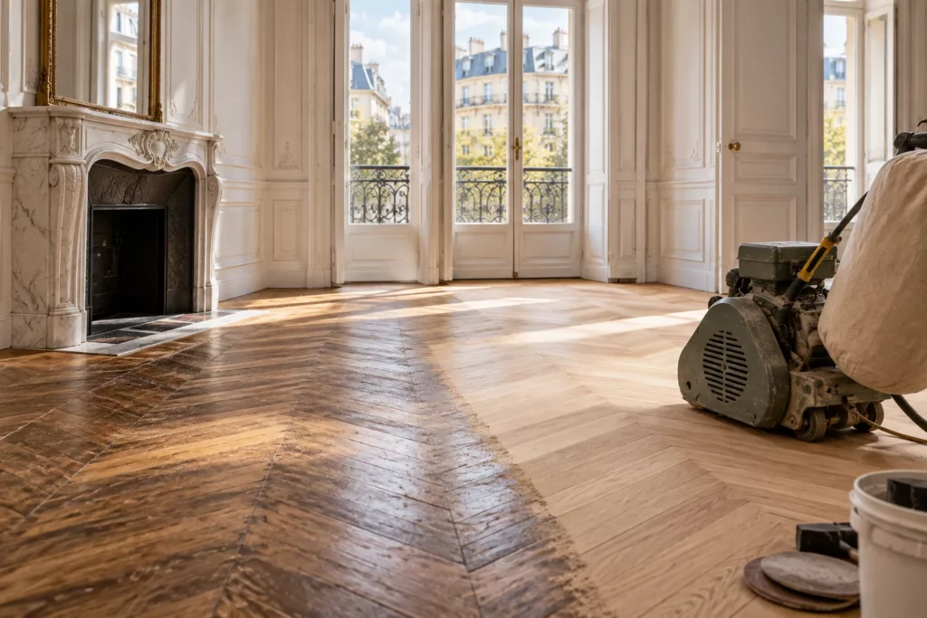 Ponceuse sur un parquet en chevrons d'un salon haussmannien, partie poncée et partie encore patinée