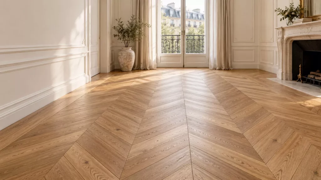 Pièce haussmannienne au parquet en point de Hongrie, fenêtre sur balcon et cheminée de marbre
