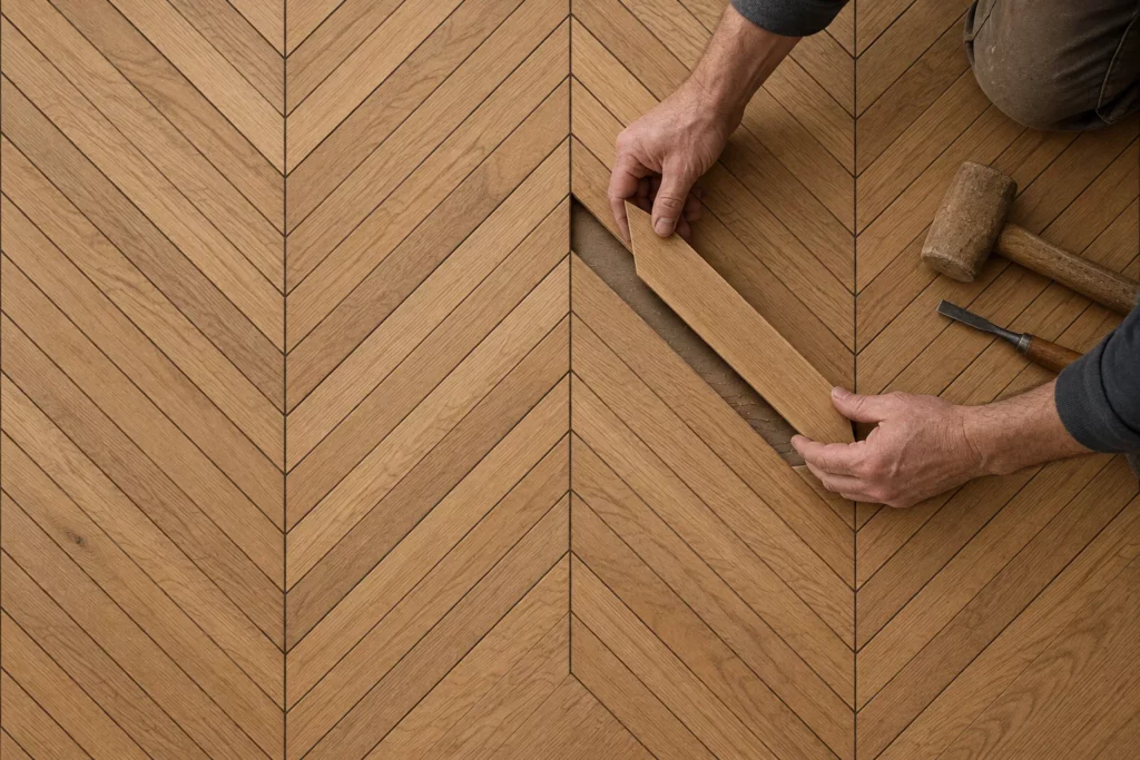 Mains d'un artisan reposant une lame dans un parquet en chevrons, maillet à côté